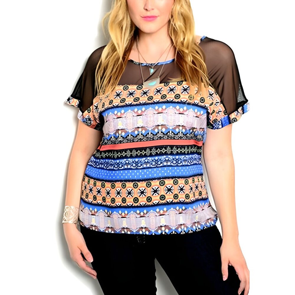 Angela Ladies Top Mesh-Yoke Kimono-Sleeve Blue Print Size 2XL ***NWOT**
